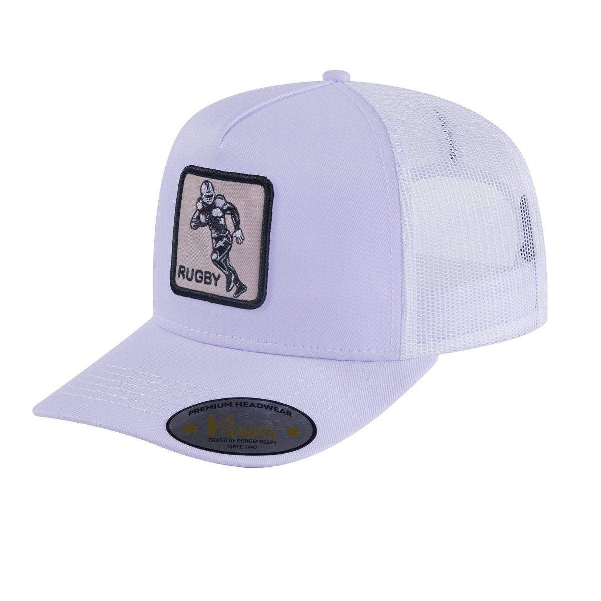 Embroidered Rugby/Football - 5 Panel Trucker Hat - White/White