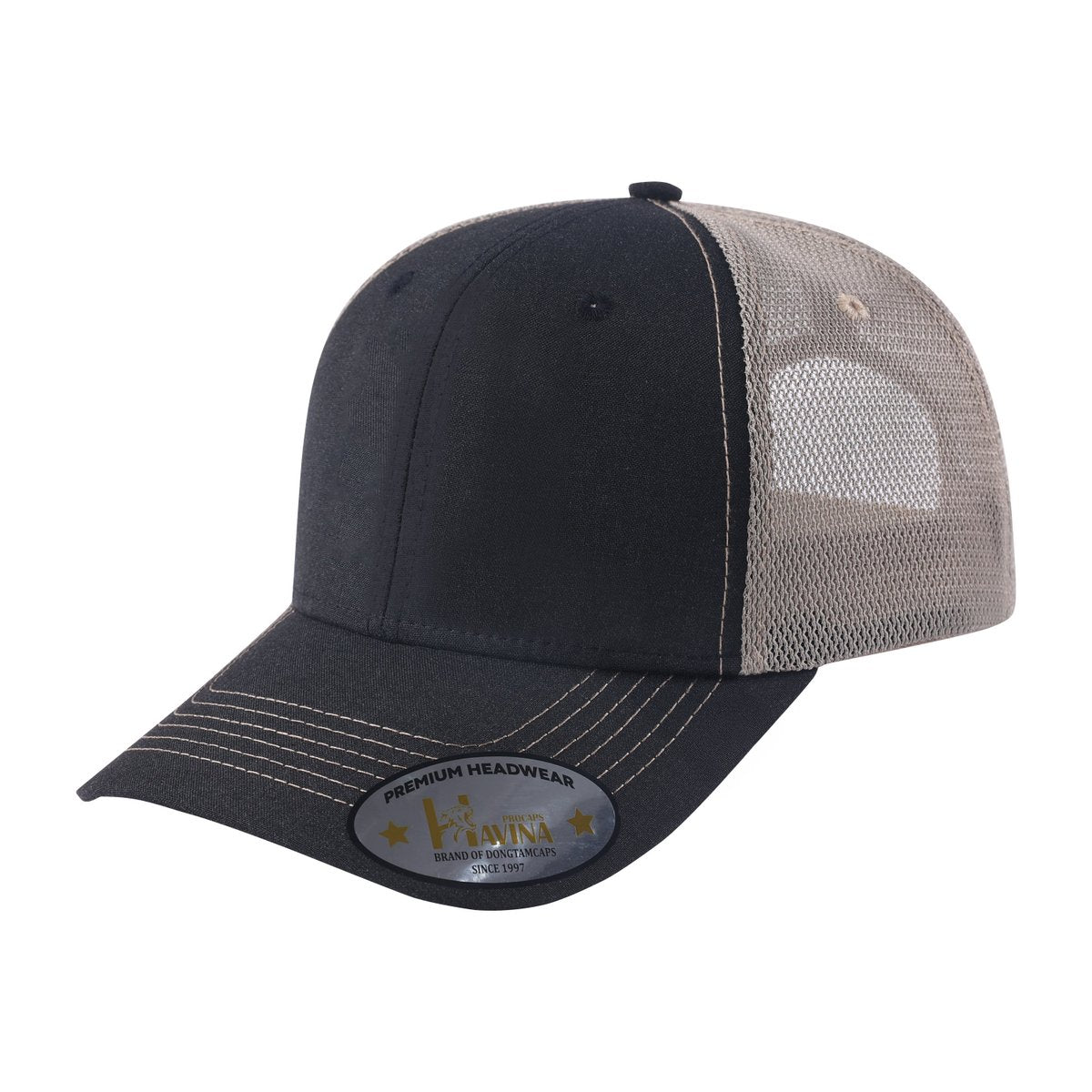 Unisex Blank, 6-Panel Trucker Hat, Black/Khaki, Adjustable Fit