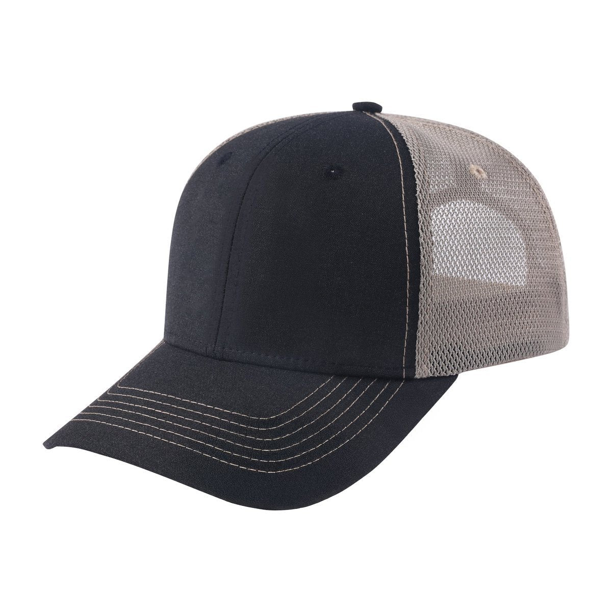 Unisex Blank, 6-Panel Trucker Hat, Black/Khaki, Adjustable Fit