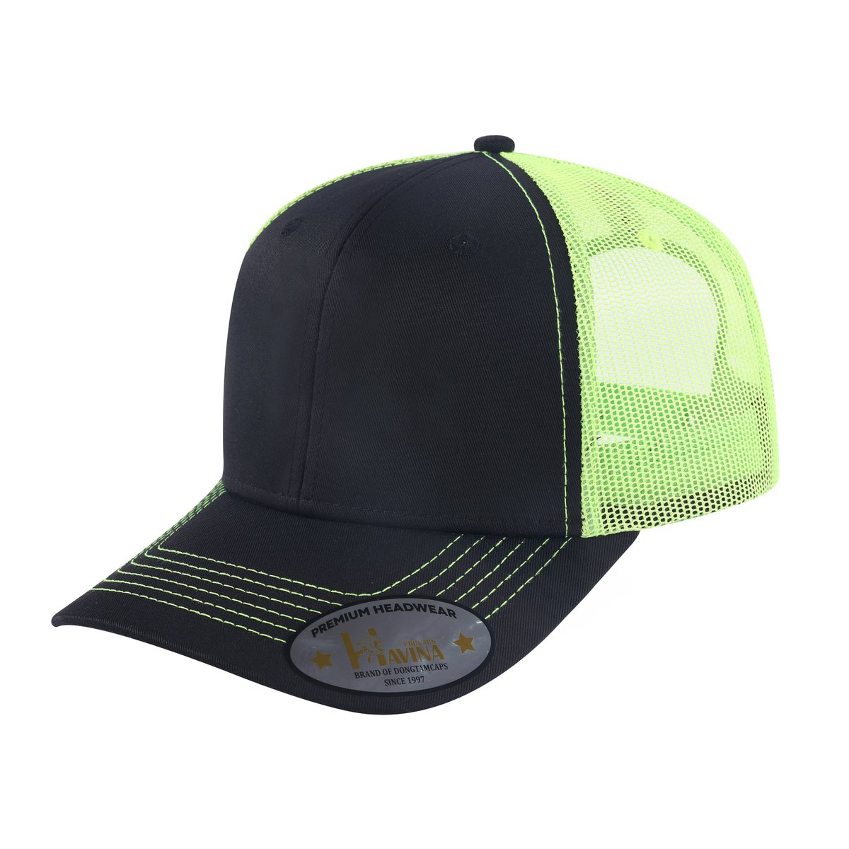 Unisex Blank, 6-Panel Trucker Hat, Black/Green, Adjustable Fit