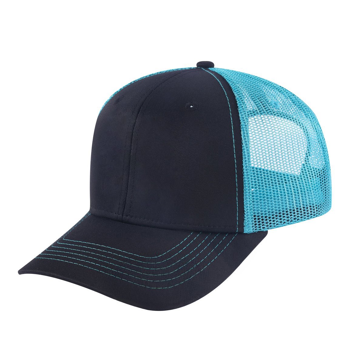 Unisex Blank, 6-Panel Trucker Hat, Black/Blue, Adjustable Fit