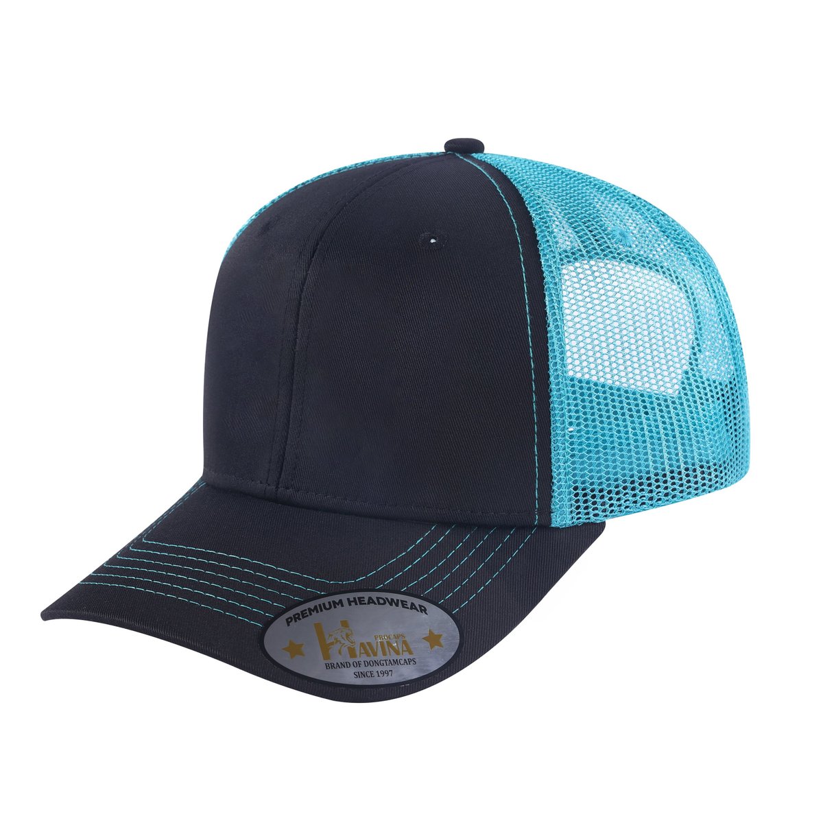 Unisex Blank, 6-Panel Trucker Hat, Black/Blue, Adjustable Fit