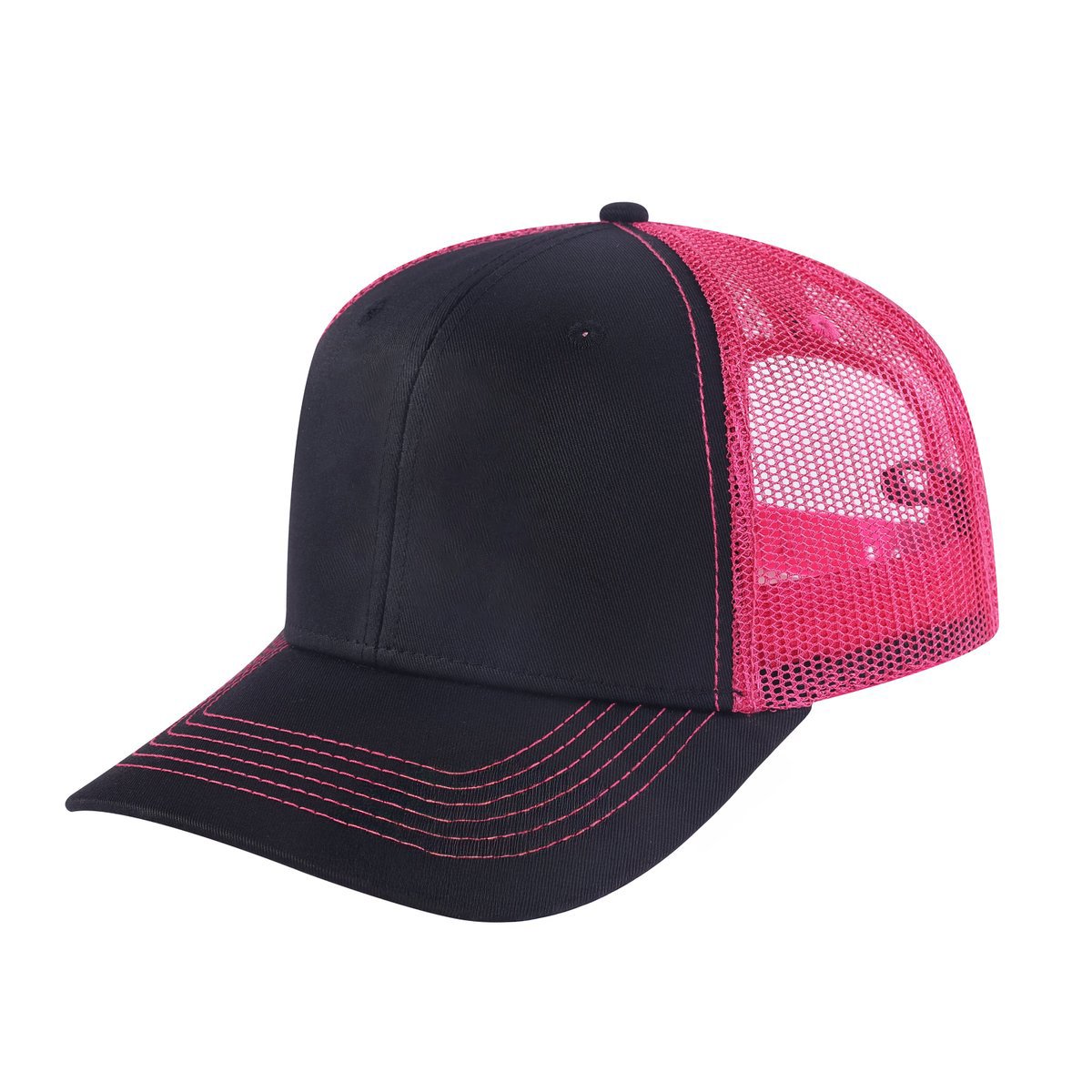 Unisex Blank, 6-Panel Trucker Hat, Black/Pink, Adjustable Fit