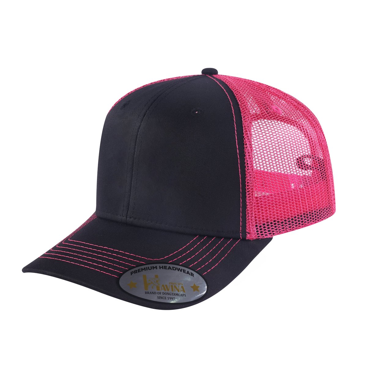 Unisex Blank, 6-Panel Trucker Hat, Black/Pink, Adjustable Fit
