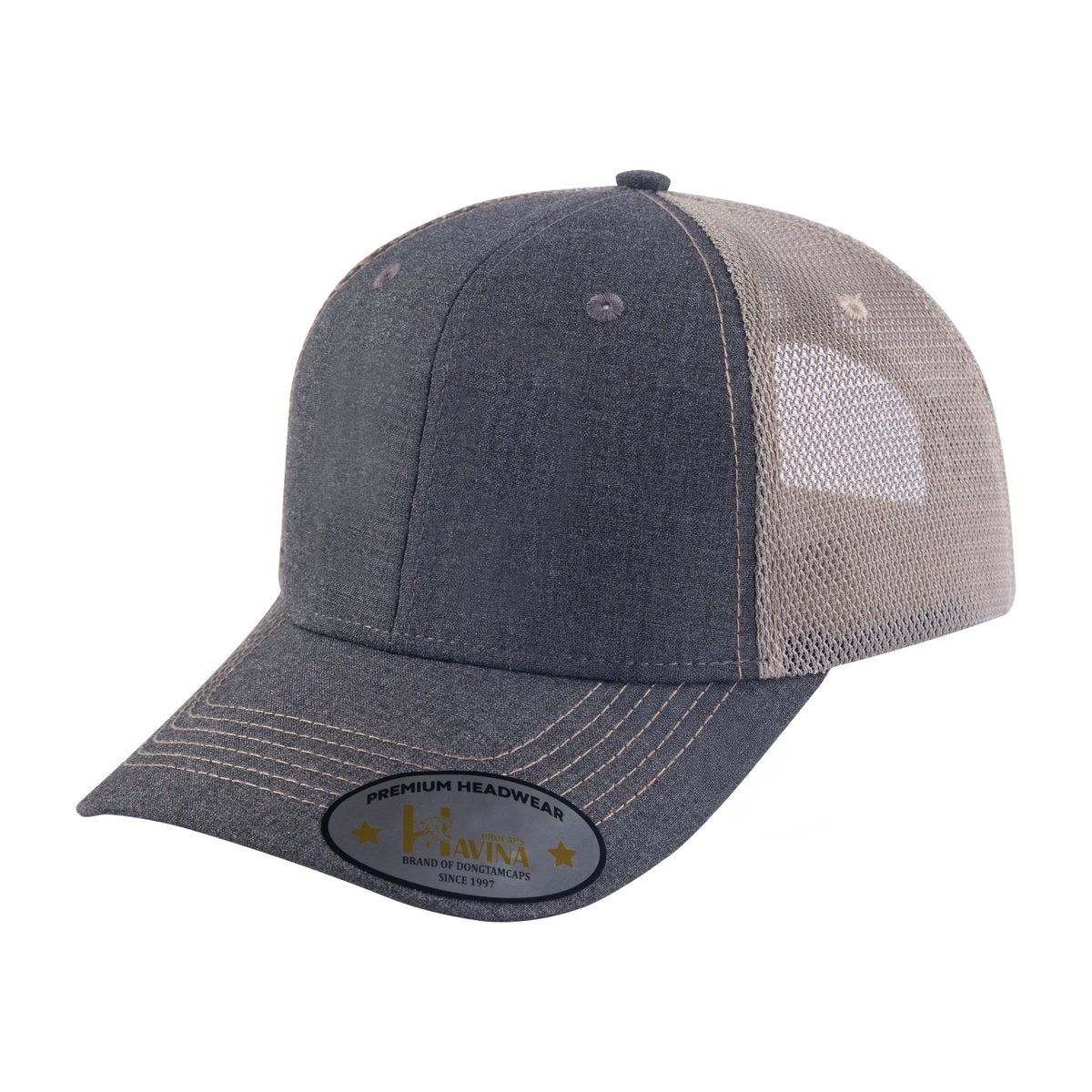 Blank - 6 Panel Trucker Hat - Dark Grey/Khaki
