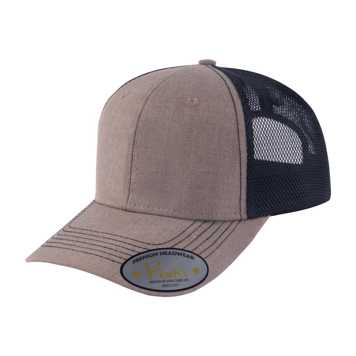 Unisex Blank, 6-Panel Trucker Hat, Khaki/Black, Adjustable Fit