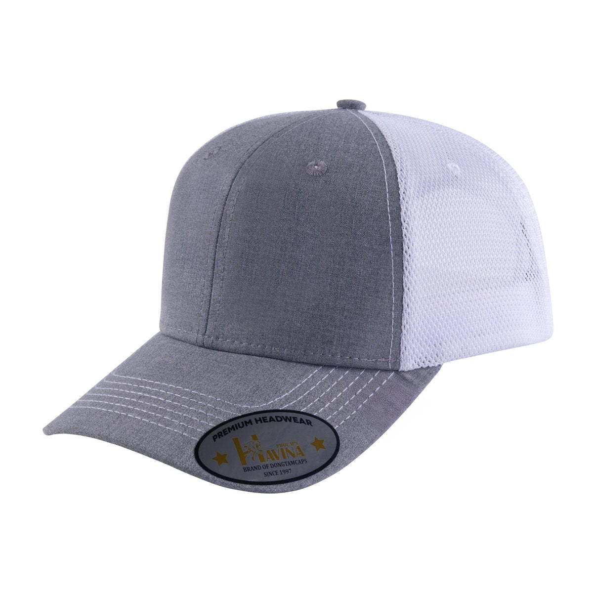 Unisex Blank, 6-Panel Trucker Hat, Light Grey/White, Adjustable Fit