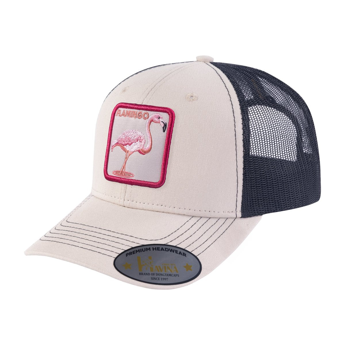 Unisex Embroidered The Flamingo, 6-Panel Trucker Hat, Khaki/Black, Adjustable Fit