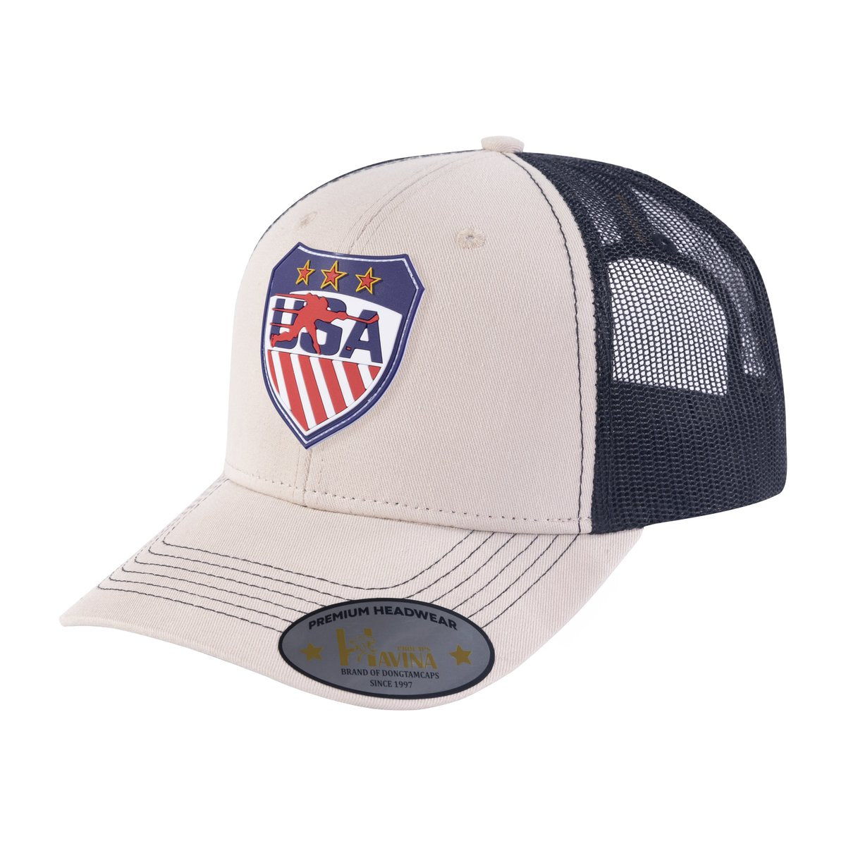 Embroidered Loving Hockey - 6 Panel Trucker Hat - Beige/Black