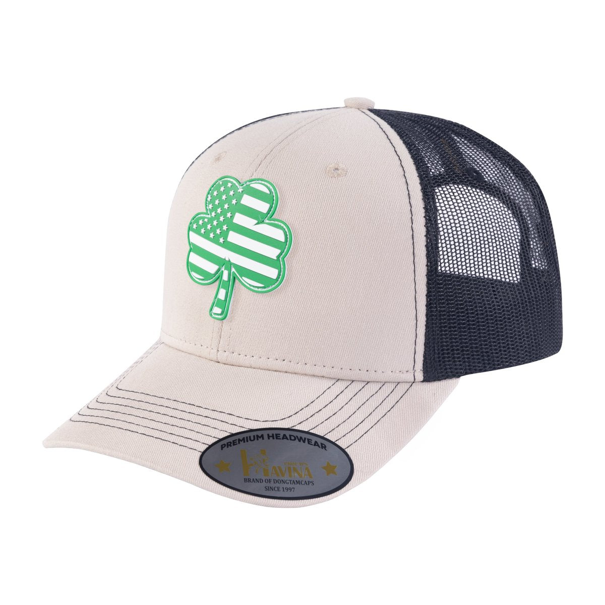 Embroidered St. Patrick'S Day Four Leaf Shamrock - 6 Panel Trucker Hat - Beige/Black