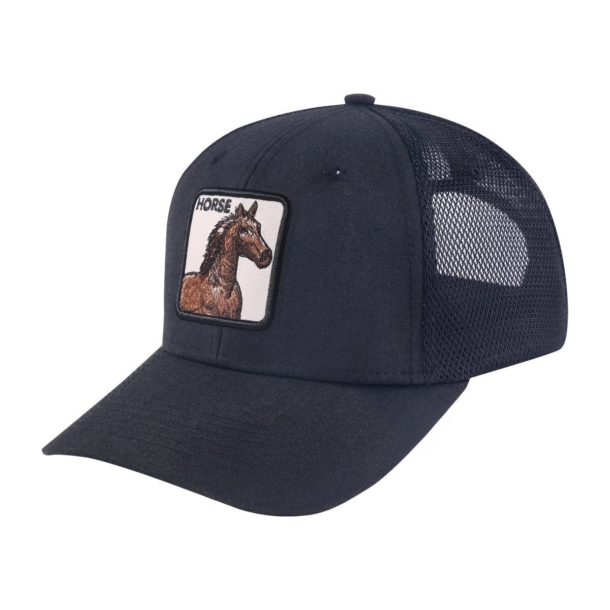 Unisex Embroidered The Horse, 6-Panel Trucker Hat, Black/Black, Adjustable Fit