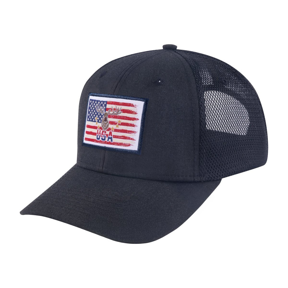 Unisex Embroidered US Deer Hunter, 6-Panel Trucker Hat, Black/Black, Adjustable Fit