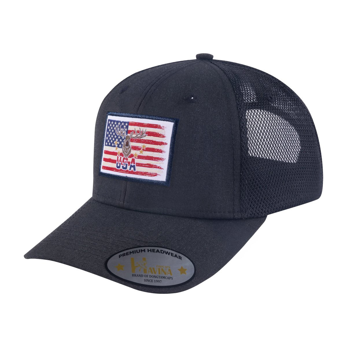 Embroidered Usa Deer Hunter - 6 Panel Trucker Hat - Black/Black