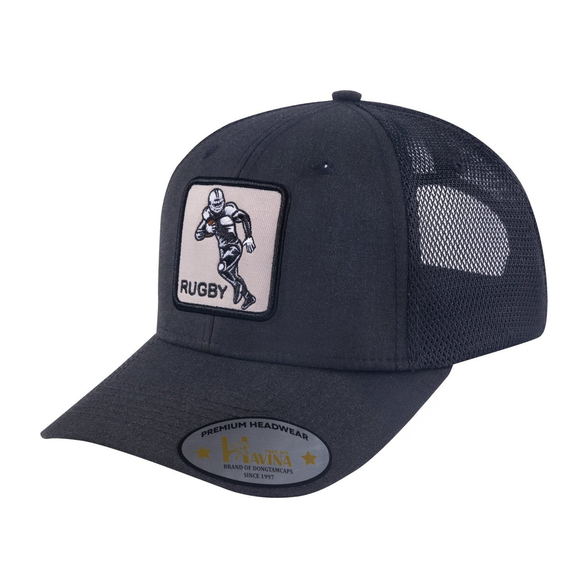 Unisex Embroidered Rugby/Football, 6-Panel Trucker Hat, Black/Black, Adjustable Fit