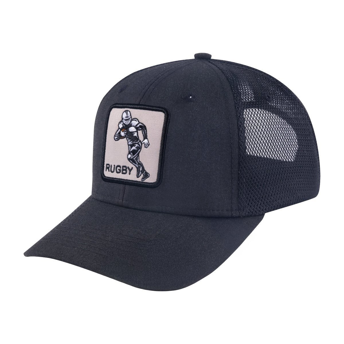Unisex Embroidered Rugby/Football, 6-Panel Trucker Hat, Black/Black, Adjustable Fit