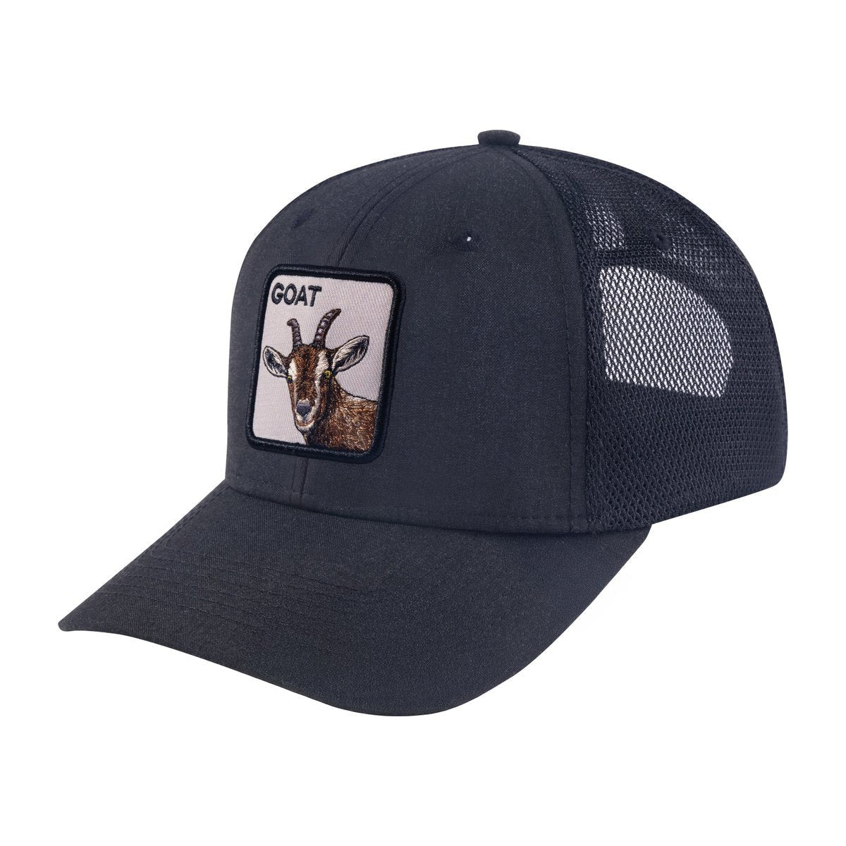 Unisex Embroidered The Goat, 6-Panel Trucker Hat, Black/Black, Adjustable Fit