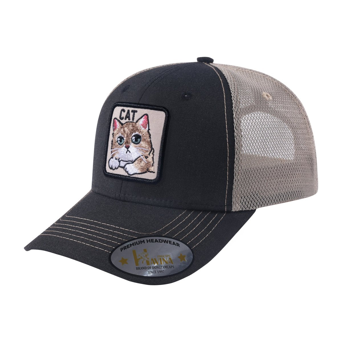 Unisex Embroidered The Cat, 6-Panel Trucker Hat, Black/Light Grey, Adjustable Fit