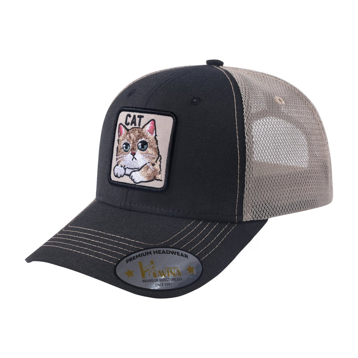 Unisex Embroidered The Cat, 6-Panel Trucker Hat, Black/Khaki, Adjustable Fit