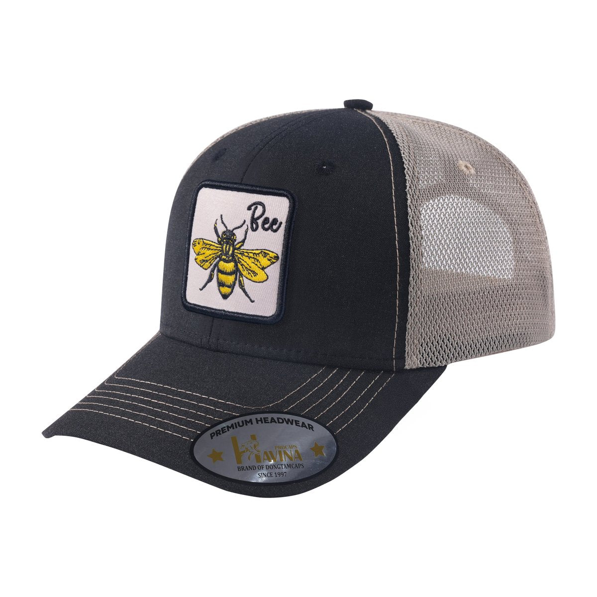 Unisex Embroidered The Bee, 6-Panel Trucker Hat, Black/Khaki, Adjustable Fit