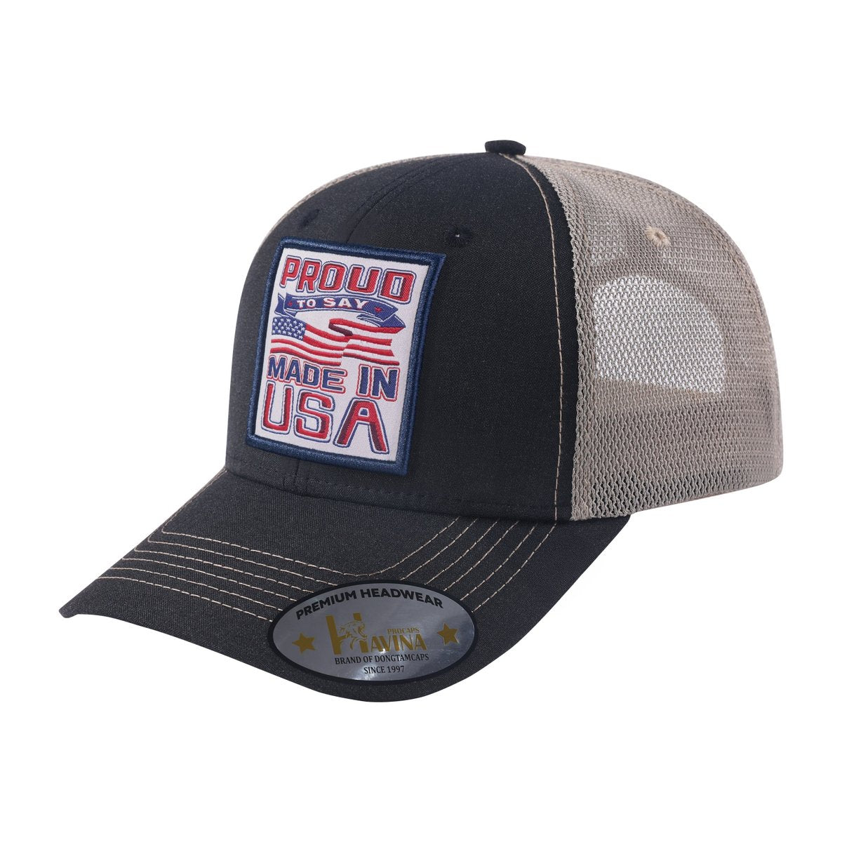 Unisex Embroidered Proud To Say Made In US, 6-Panel Trucker Hat, Black/Khaki, Adjustable Fit