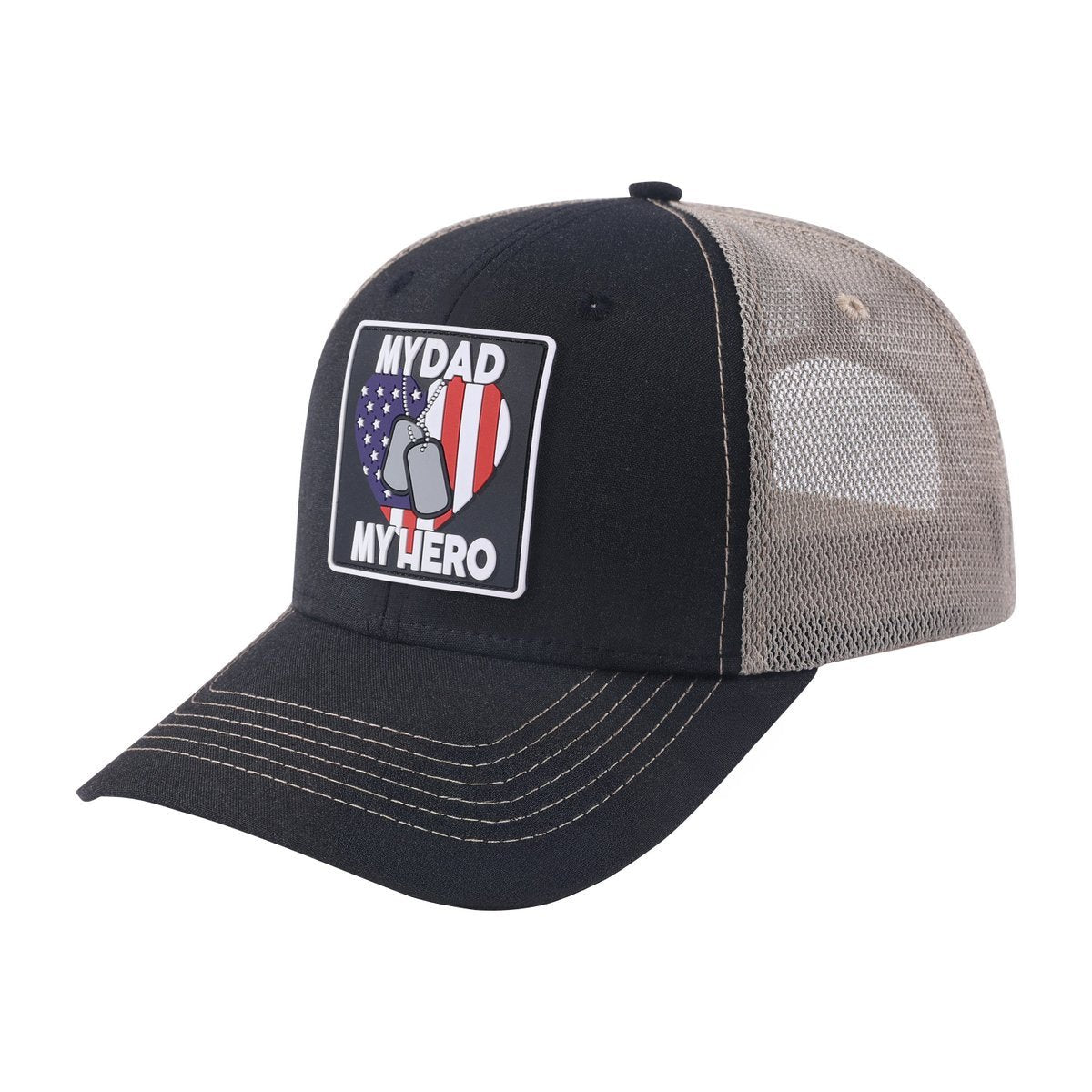 Unisex Embroidered My Dad My Hero, 6-Panel Trucker Hat, Black/Khaki, Adjustable Fit
