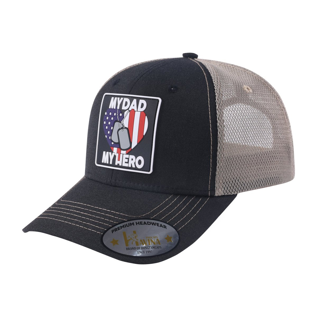 Unisex Embroidered My Dad My Hero, 6-Panel Trucker Hat, Black/Khaki, Adjustable Fit