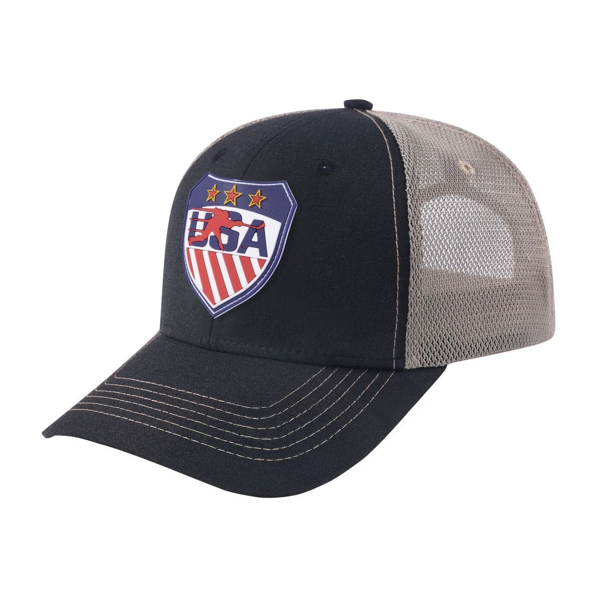 Unisex Embroidered Loving Hockey, 6-Panel Trucker Hat, Black/Khaki, Adjustable Fit