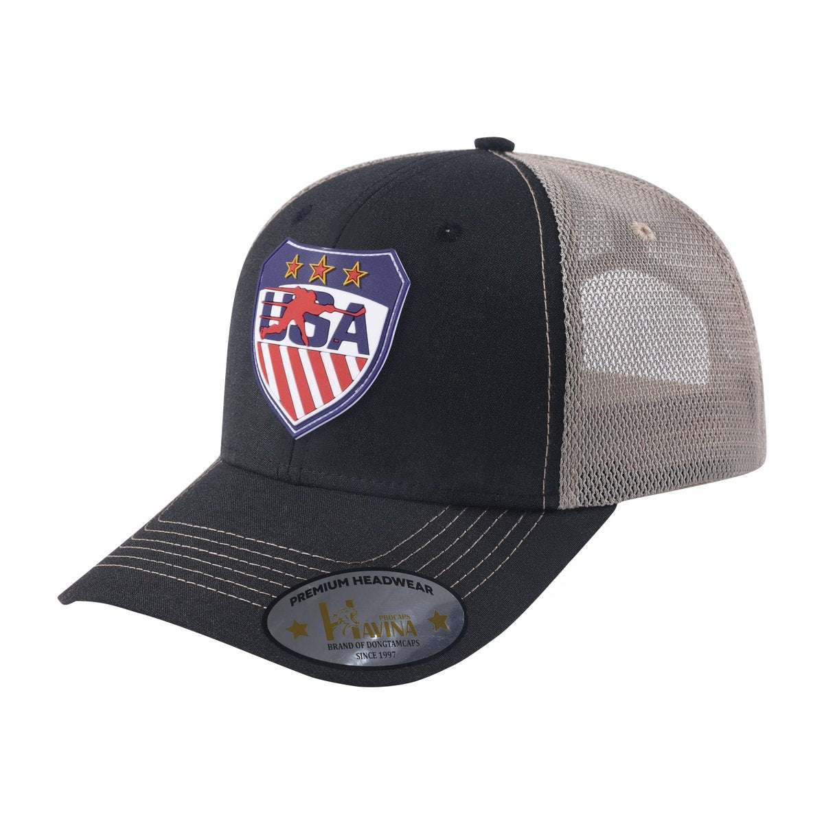 Unisex Embroidered US Loving Hockey, 6-Panel Trucker Hat, Black/Khaki, Adjustable Fit