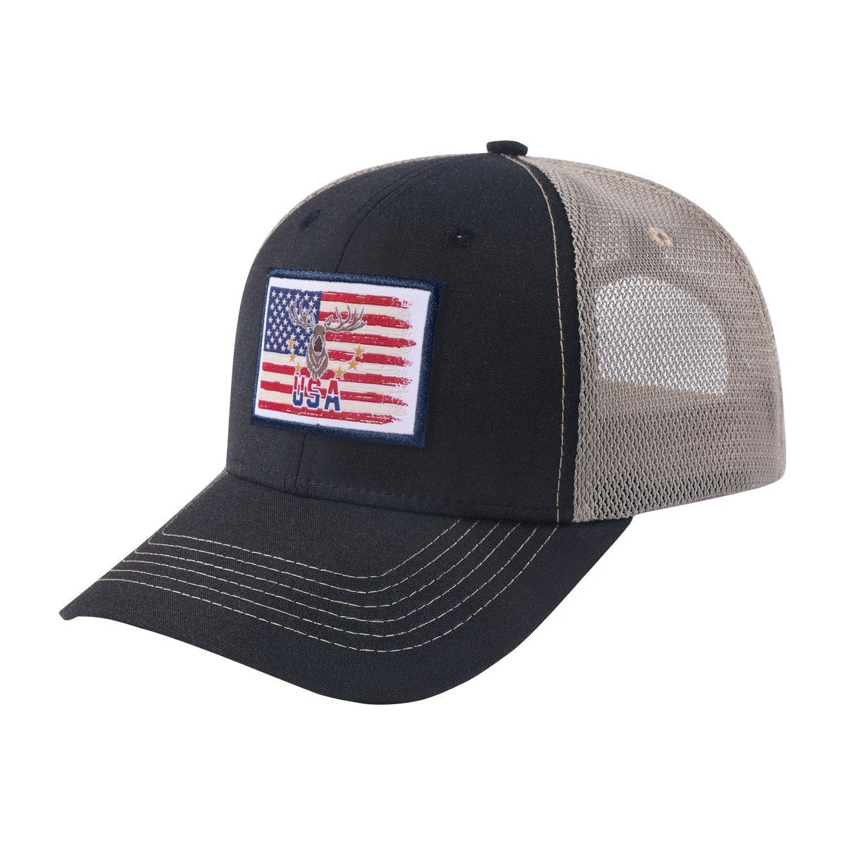 Unisex Embroidered Usa Deer Hunter, 6-Panel Trucker Hat, Black/Khaki, Adjustable Fit