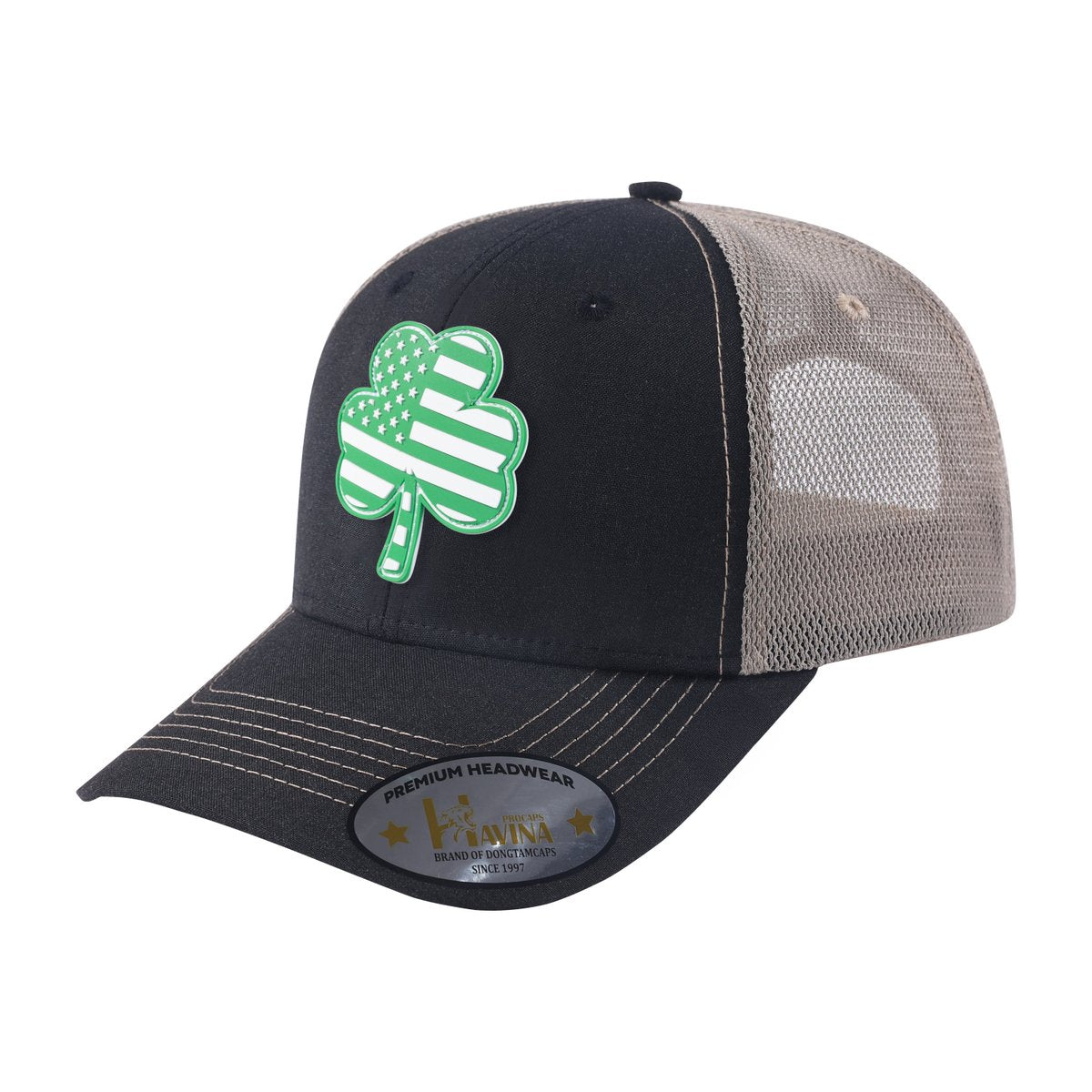 Unisex Embroidered St. Patrick'S Day Four Leaf Shamrock, 6-Panel Trucker Hat, Black/Khaki, Adjustable Fit