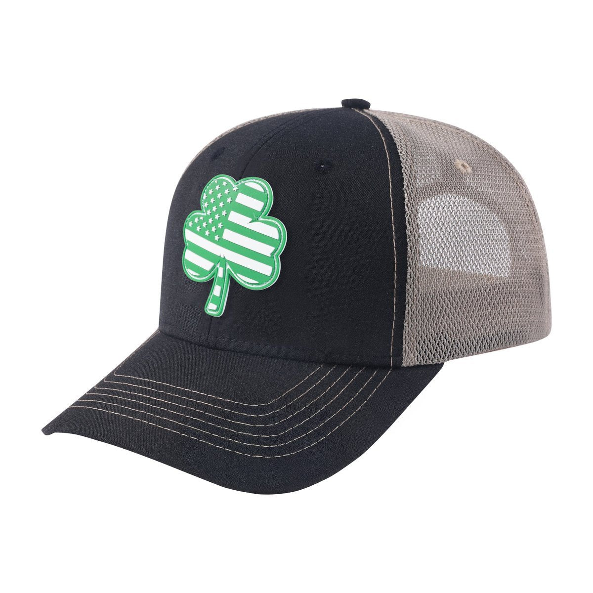 Unisex Embroidered St. Patrick'S Day Four Leaf Shamrock, 6-Panel Trucker Hat, Black/Light Grey, Adjustable Fit