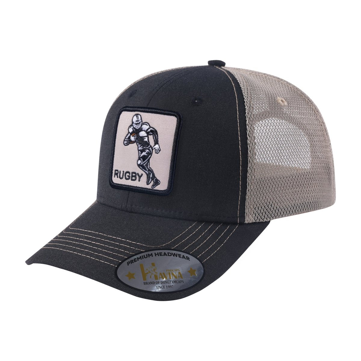 Embroidered Rugby - 6 Panel Trucker Hat - Black/Khaki