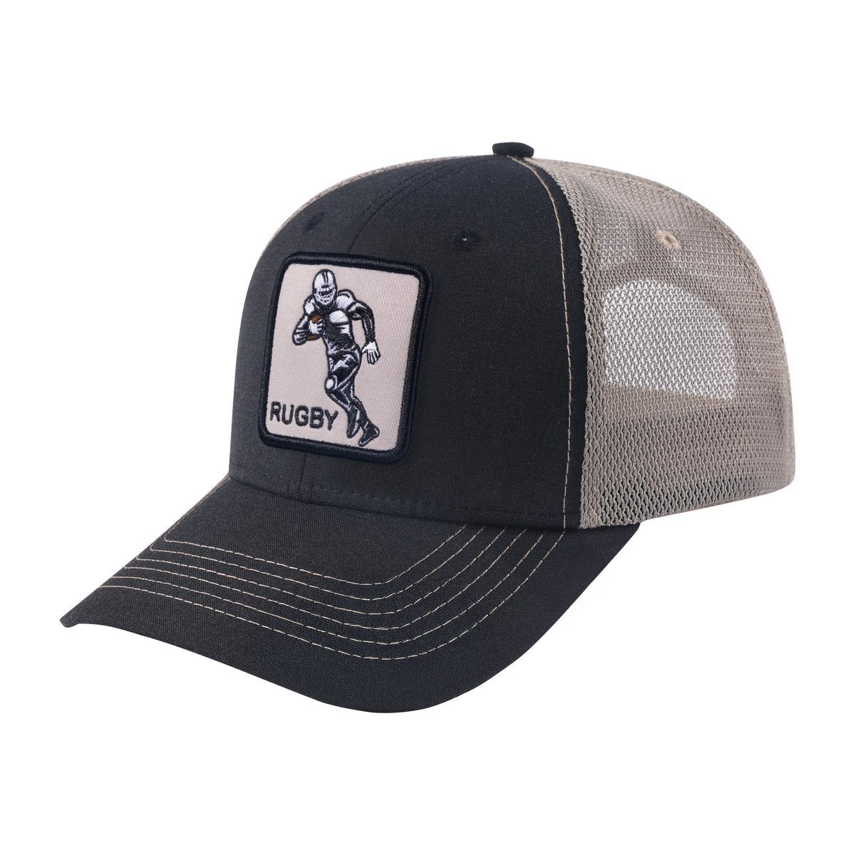 Unisex Embroidered Rugby/Football, 6-Panel Trucker Hat, Black/Khaki, Adjustable Fit