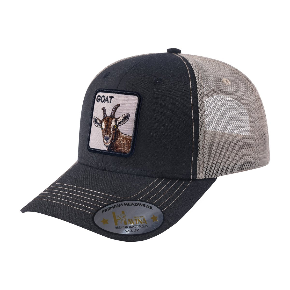 Unisex Embroidered The Goat, 6-Panel Trucker Hat, Black/Khaki, Adjustable Fit