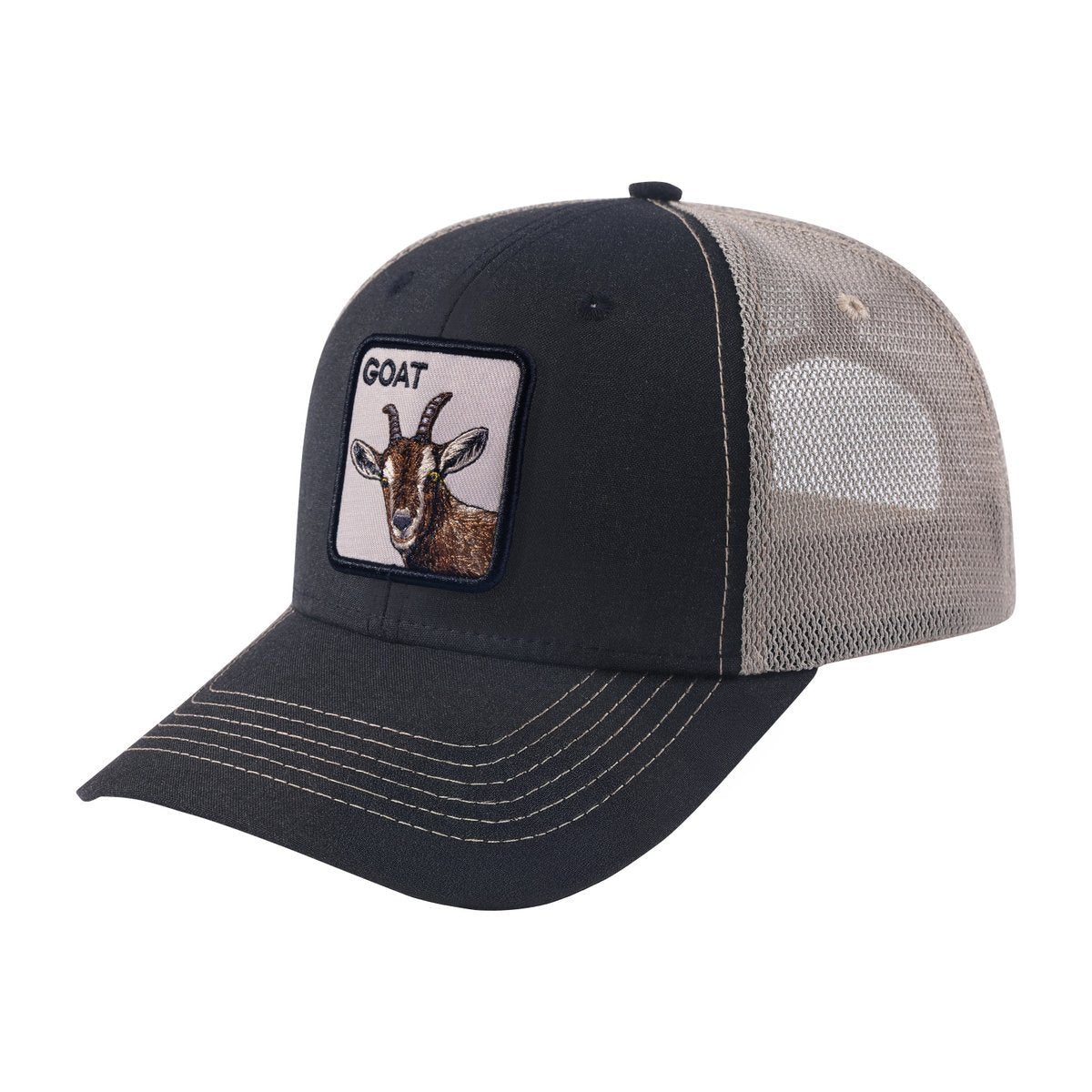 Unisex Embroidered The Goat, 6-Panel Trucker Hat, Black/Khaki, Adjustable Fit