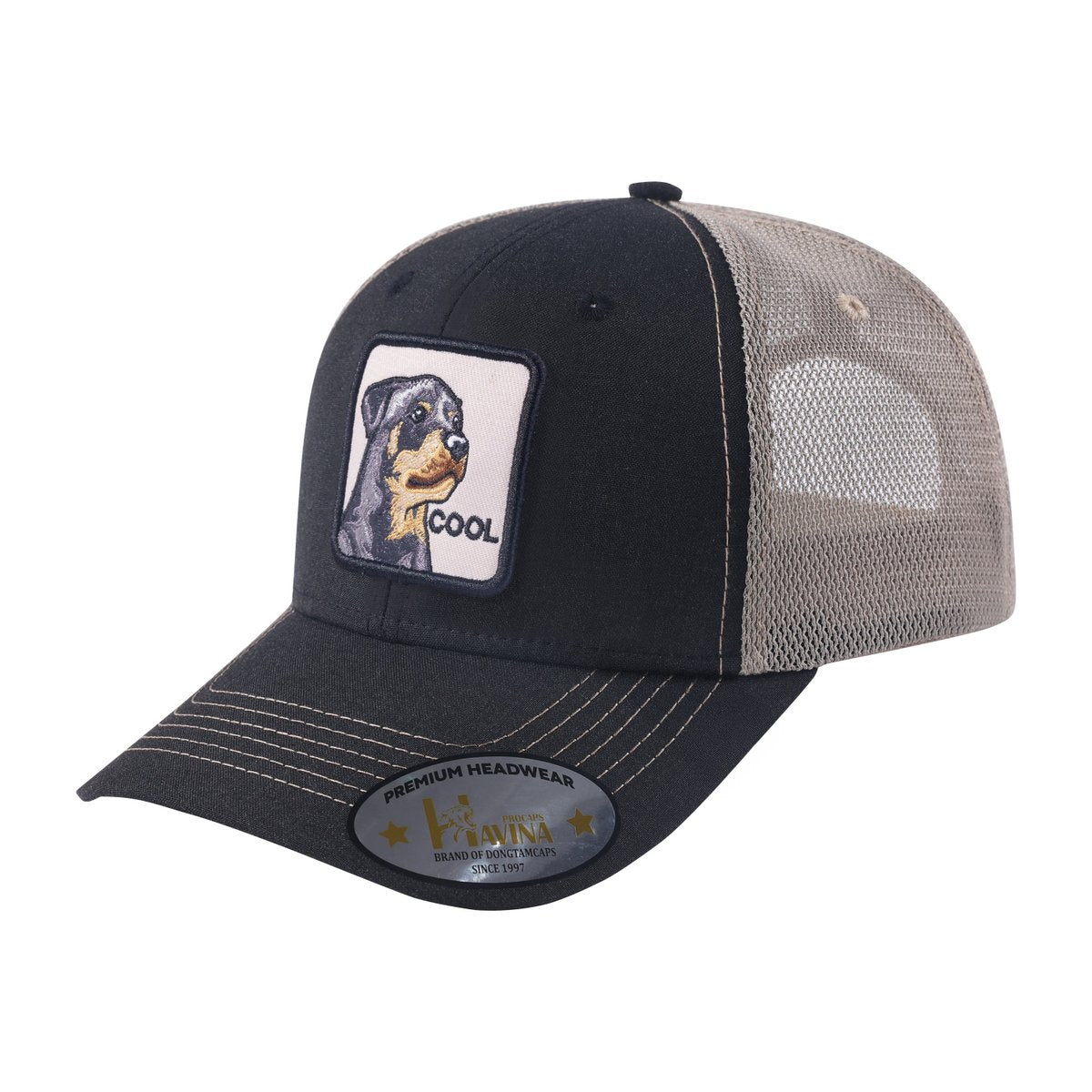 Unisex Embroidered The Cool Dog, 6-Panel Trucker Hat, Black/Khaki, Adjustable Fit