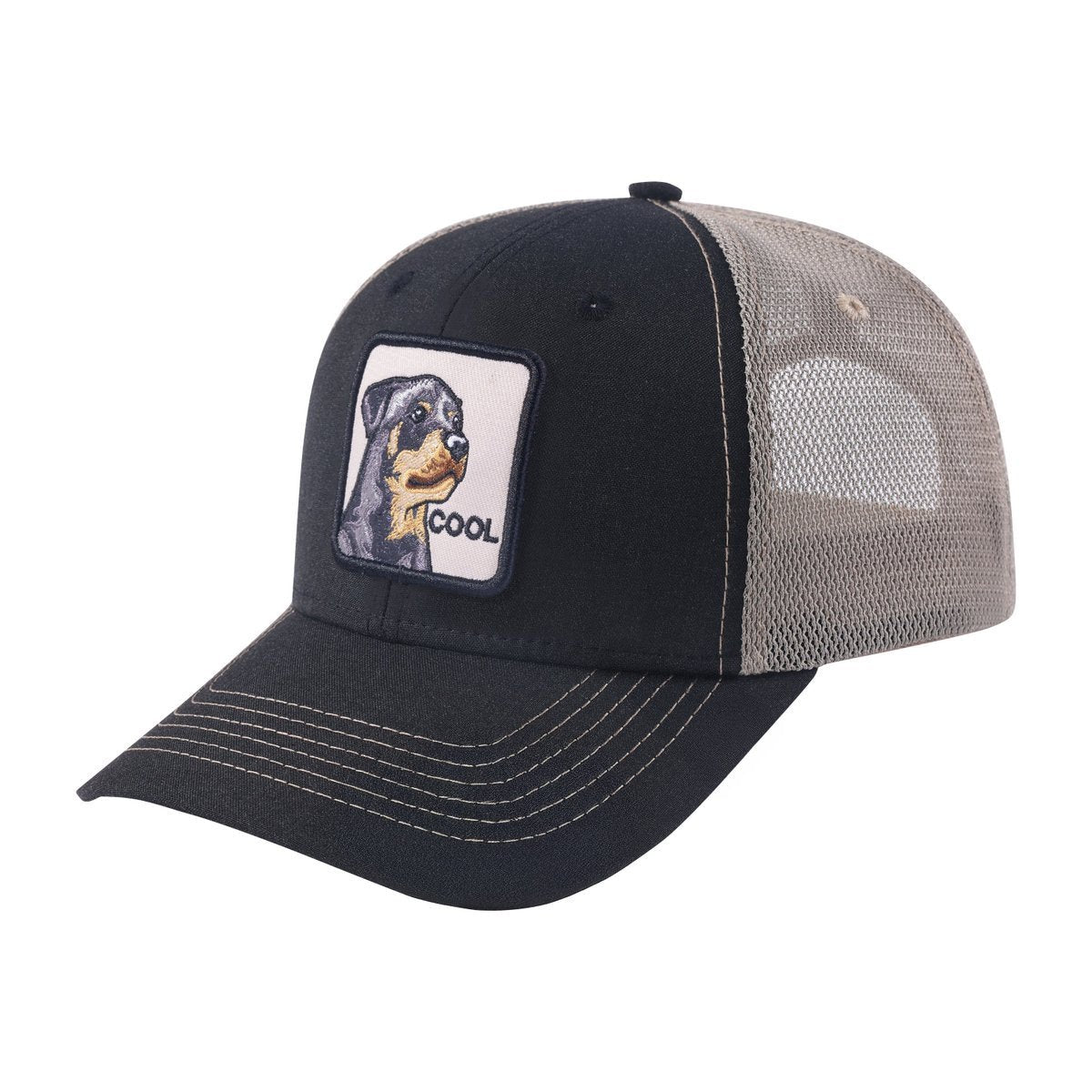 Unisex Embroidered The Cool Dog, 6-Panel Trucker Hat, Black/Khaki, Adjustable Fit