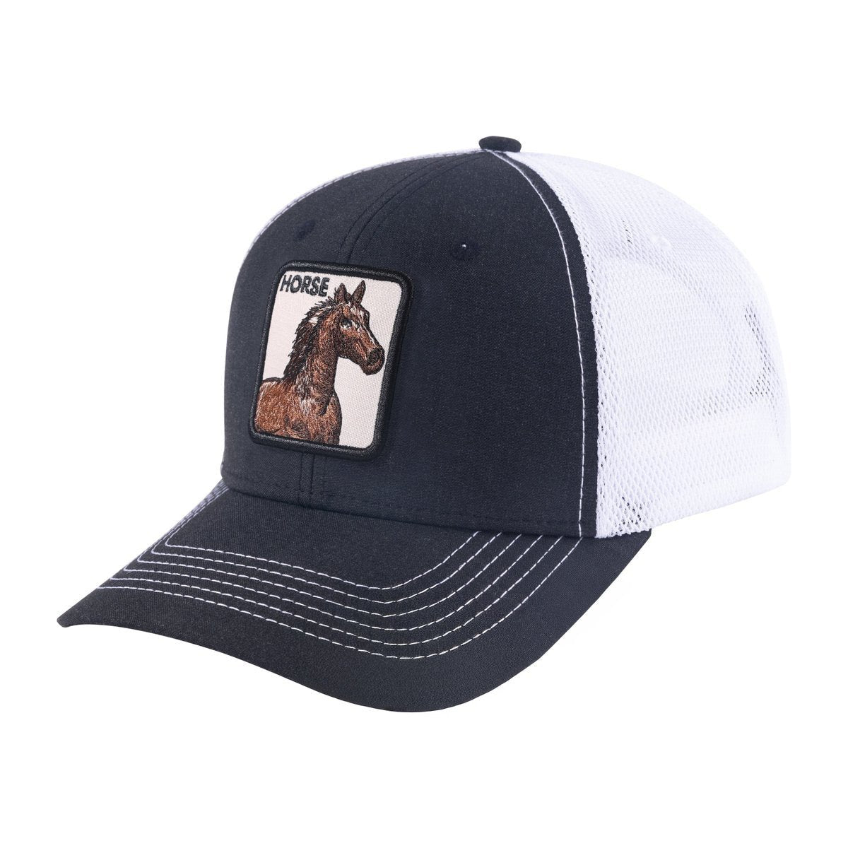 Unisex Embroidered The Horse, 6-Panel Trucker Hat, Black/White, Adjustable Fit