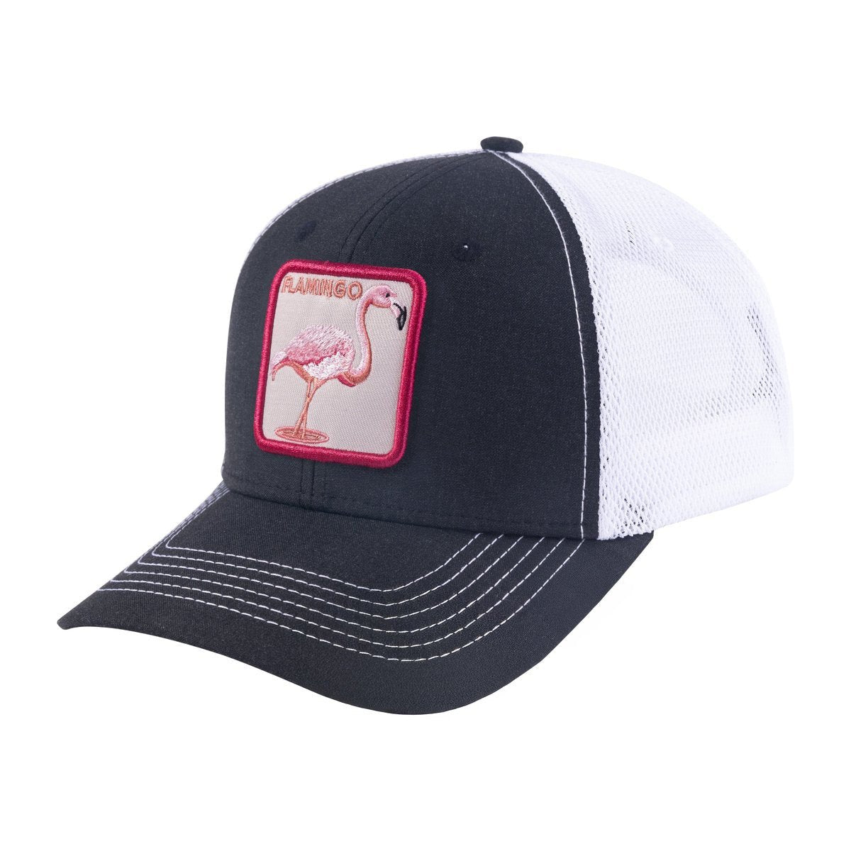 Unisex Embroidered The Flamingo, 6-Panel Trucker Hat, Black/White, Adjustable Fit