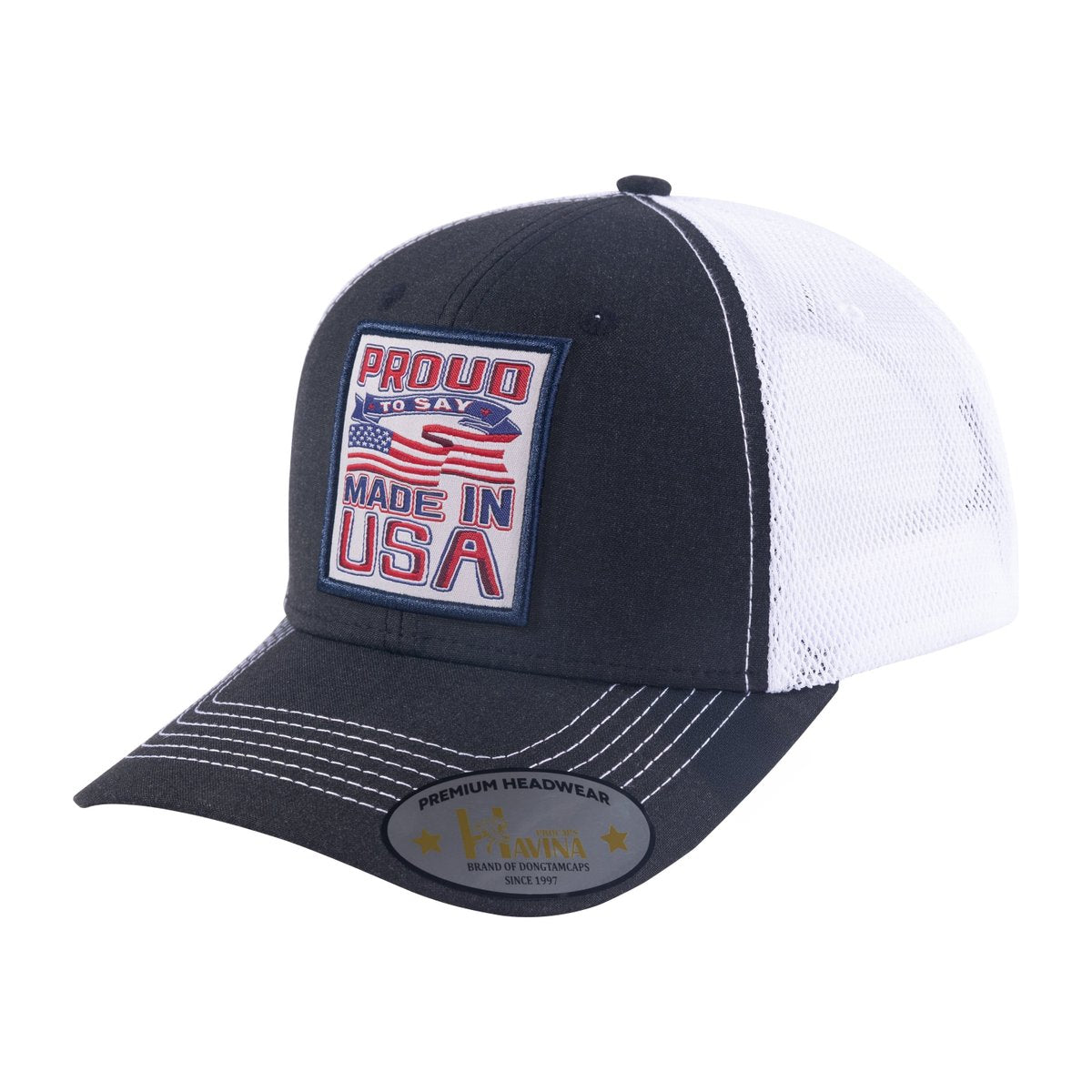 Embroidered Proud To Say Made In Usa - 6 Panel Trucker Hat - Black/White