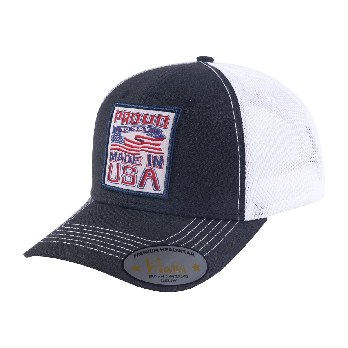 Embroidered Proud To Say Made In US - 6 Panel Trucker Hat - Black/White