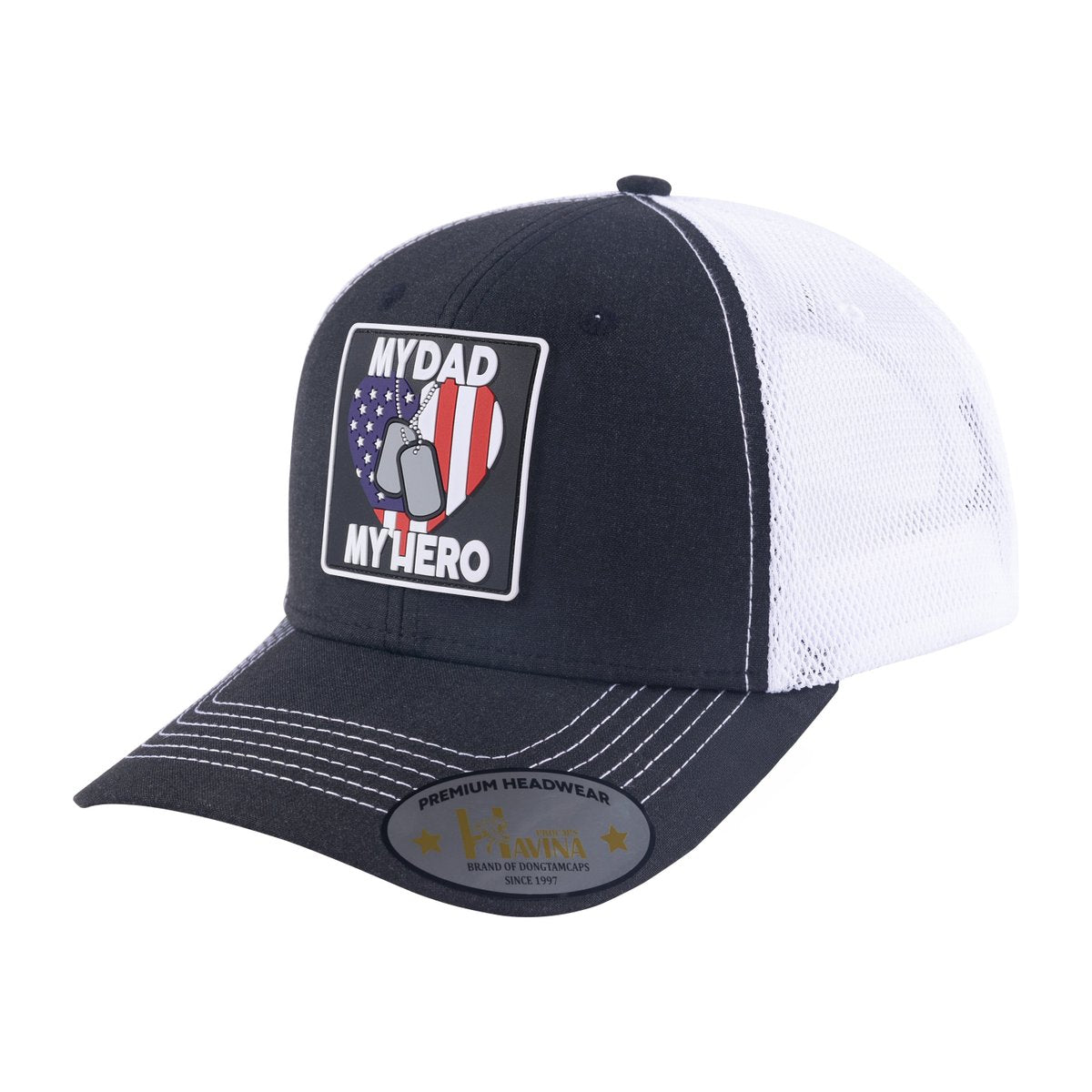 Unisex Embroidered My Dad My Hero, 6-Panel Trucker Hat, Black/White, Adjustable Fit