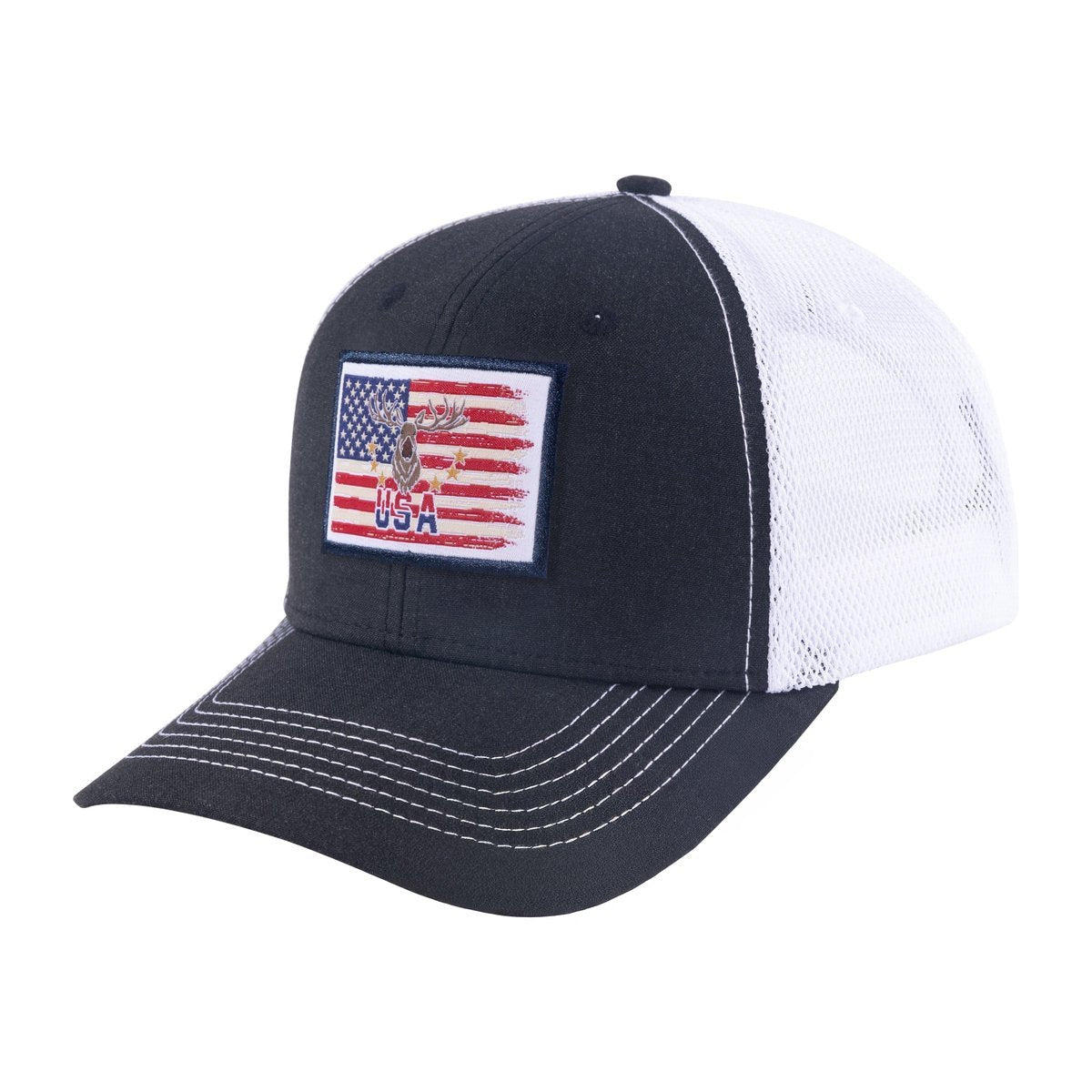 Unisex Embroidered US Deer Hunter, 6-Panel Trucker Hat, Black/White, Adjustable Fit