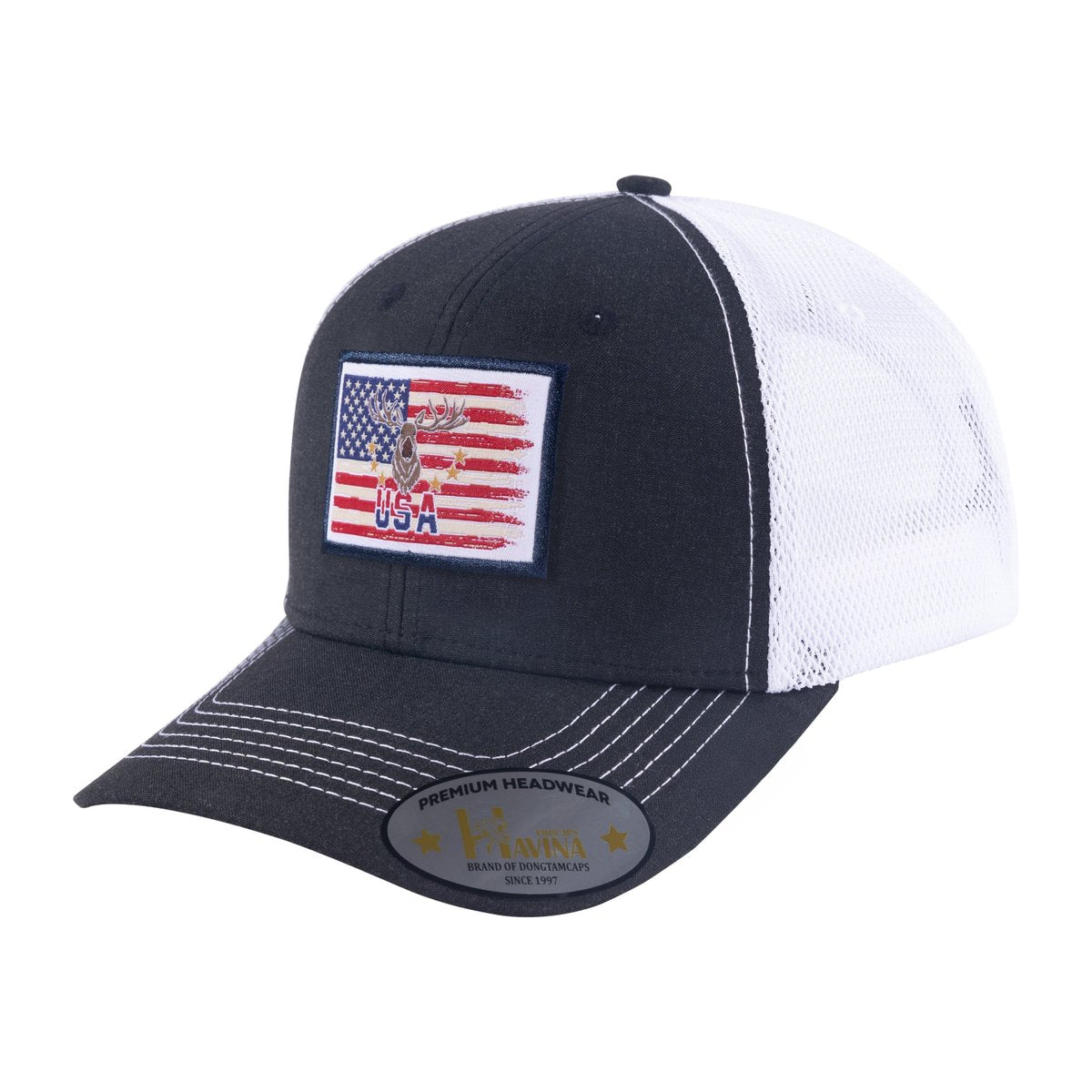 Embroidered Usa Deer Hunter - 6 Panel Trucker Hat - Black/White