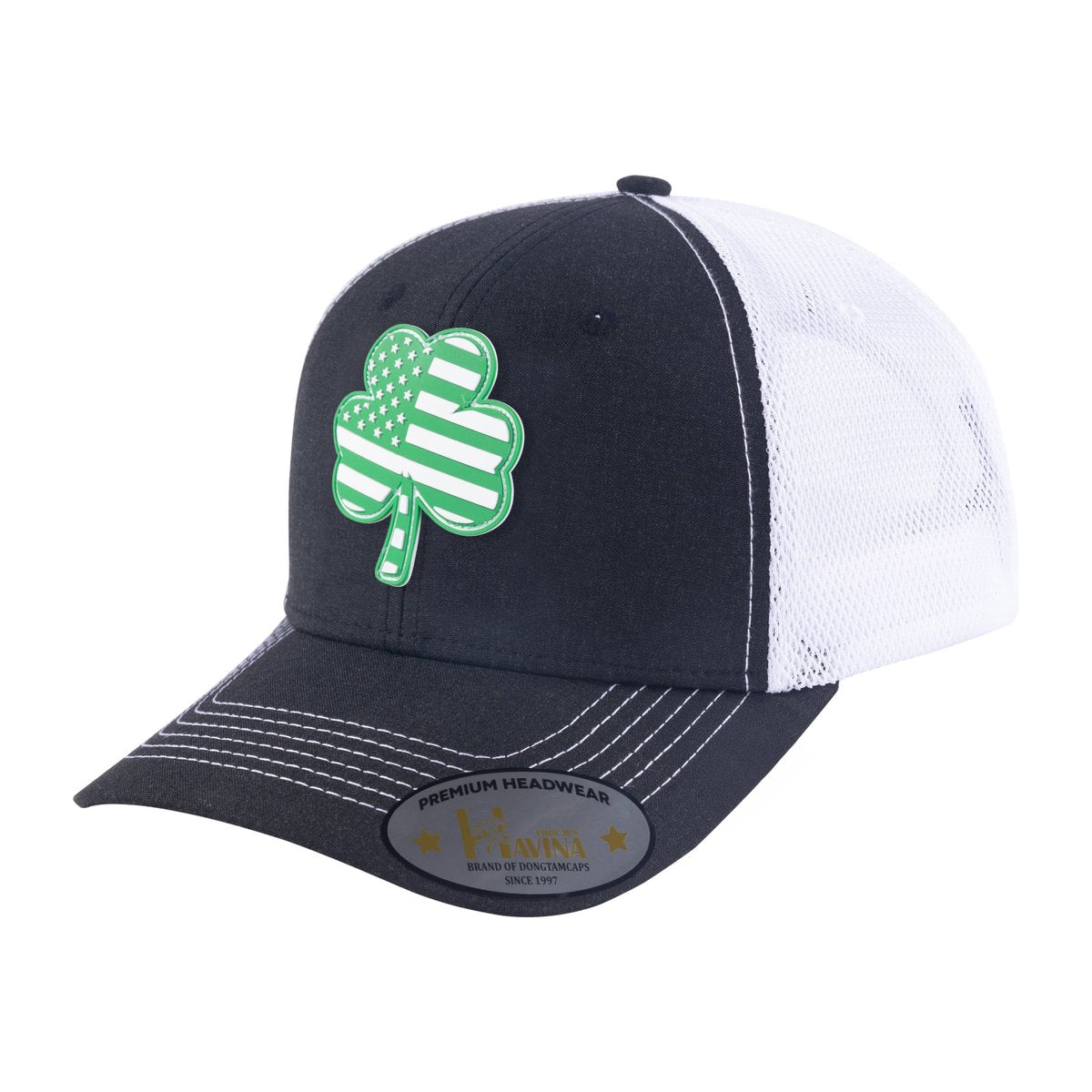 Embroidered St. Patrick'S Day Four Leaf Shamrock - 6 Panel Trucker Hat - Black/White