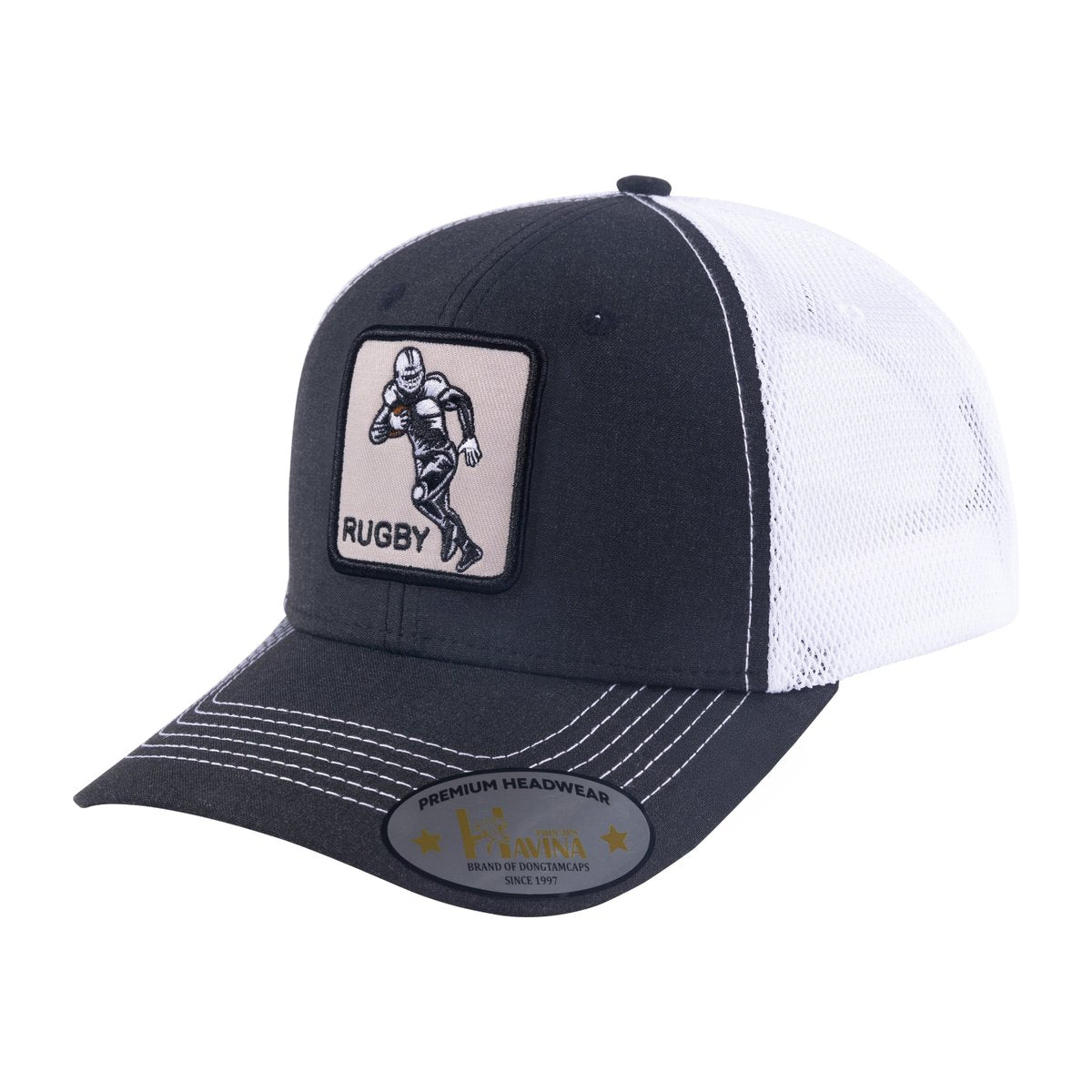 Embroidered Rugby/Football - 6 Panel Trucker Hat - Black/White