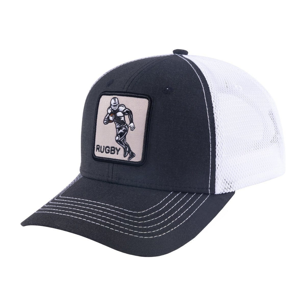 Unisex Embroidered Rugby, 6-Panel Trucker Hat, Black/White, Adjustable Fit