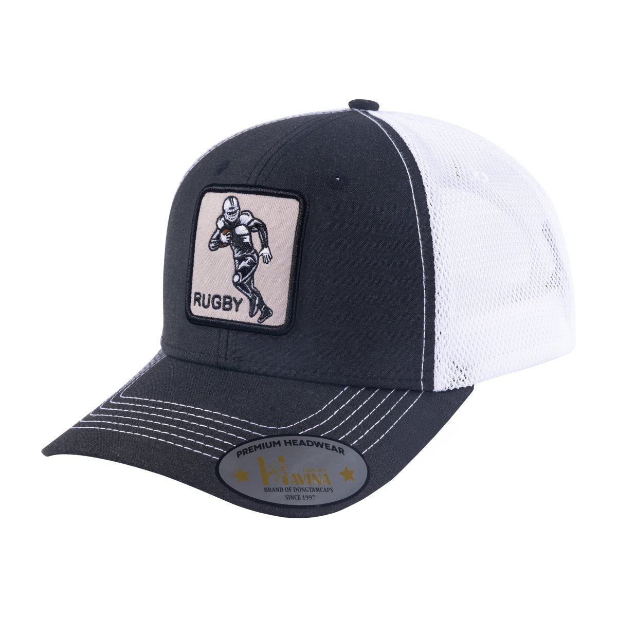 Unisex Embroidered Rugby, 6-Panel Trucker Hat, Black/White, Adjustable Fit