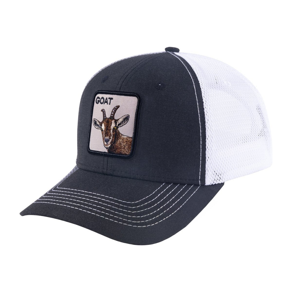 Unisex Embroidered The Goat, 6-Panel Trucker Hat, Black/White, Adjustable Fit