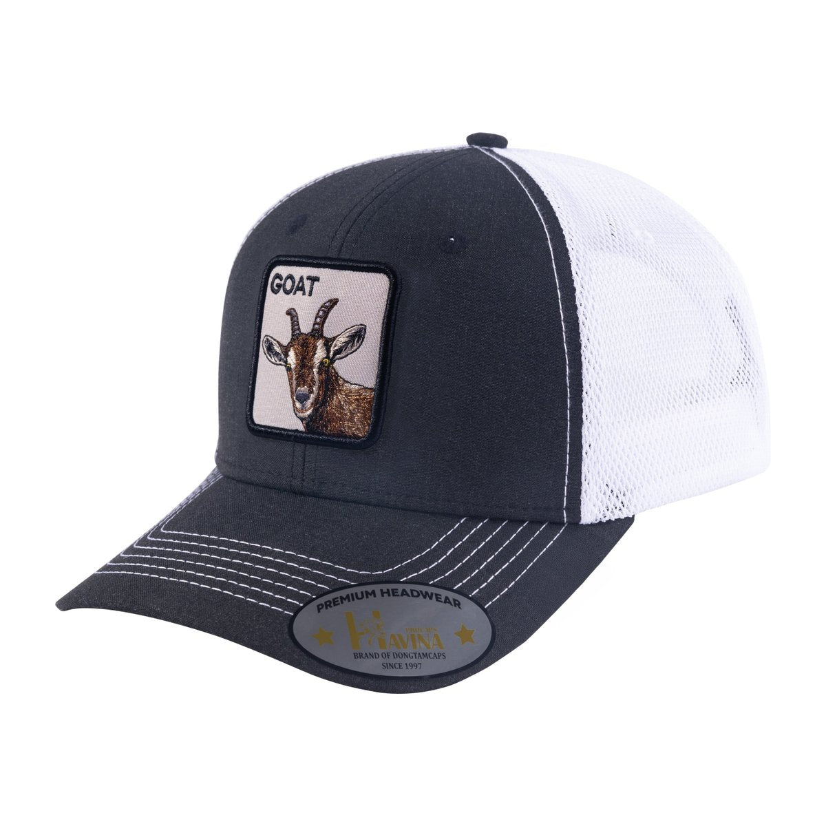 Unisex Embroidered The Goat, 6-Panel Trucker Hat, Black/White, Adjustable Fit